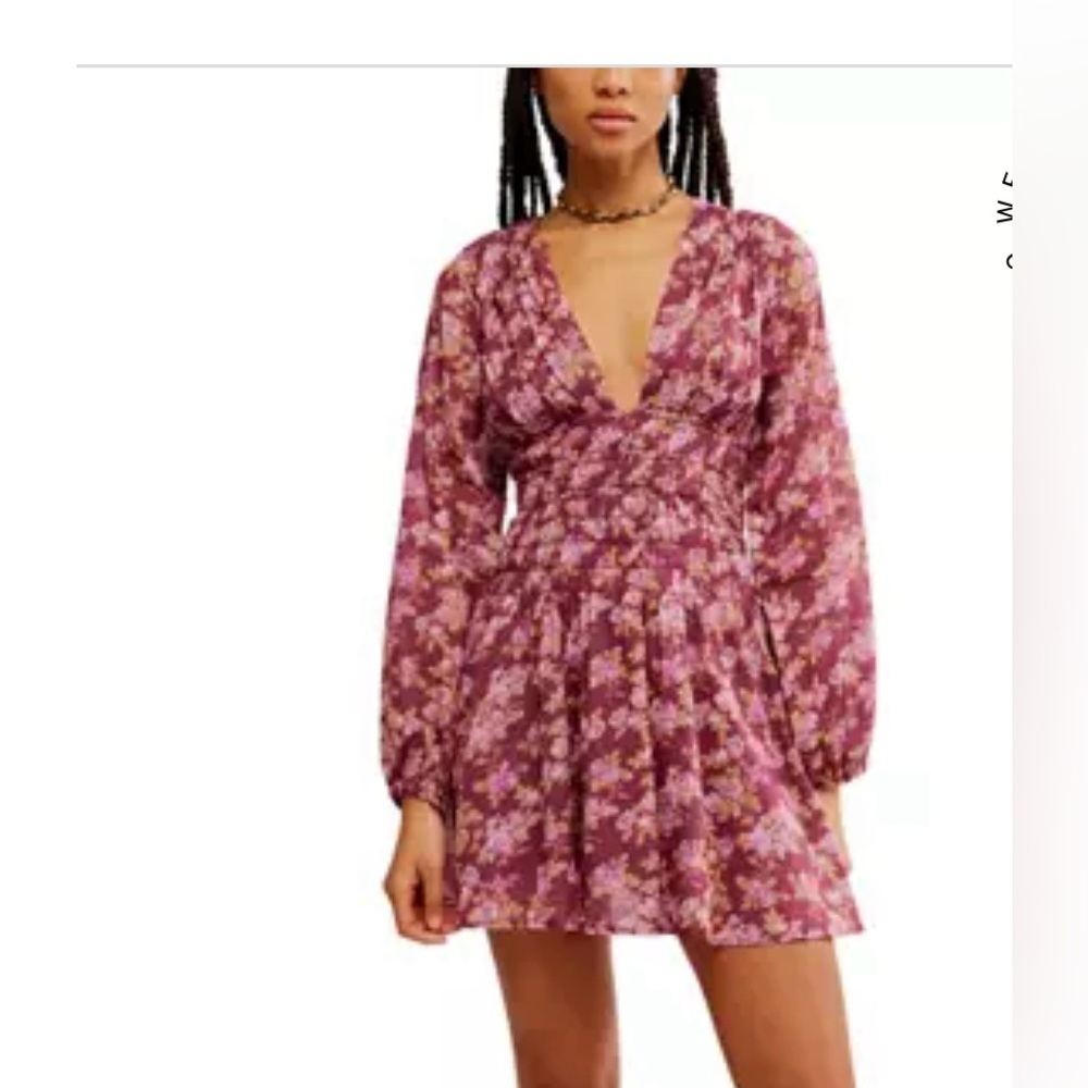 C - Free People Cotton Floral V-Neck Long Sleeve Mini Dress Size M NWT
